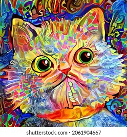 An artistically designed and digitally painted, abstract impressionist style portrait of a cute fluffy kitten with beautiful big eyes.
