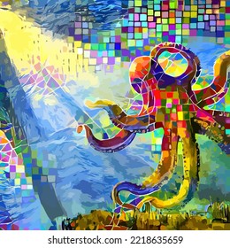 An artistically designed and digitally painted, abstract impressionist style illustration of a underwater octopus.
