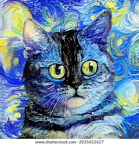 An artistically designed and digitally painted, abstract   portrait of a cute and fluffy cat.
