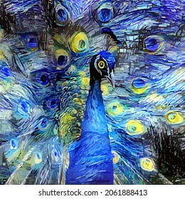 An artistically designed and digitally painted, starry night impressionist style portrait of a peacock bird.
