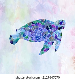 An artistically designed marine turtle silhouette made up of geometric shapes which resemble broken sea glass.
