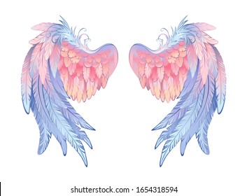 Artistically drawn angel wings, delicate pink and blue on white background. Angelic wings.