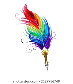 Artistically drawn, antique fountain pen decorated with rainbow, brightly colored feather on white background. Rainbow quill.