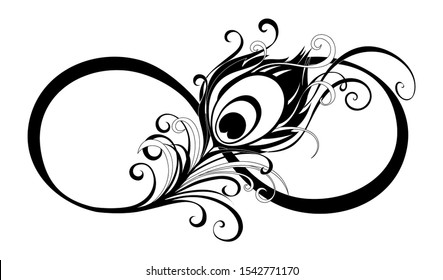 Artistically drawn, black, contour symbol of infinity with silhouette peacock feather on white background. Tattoo style.