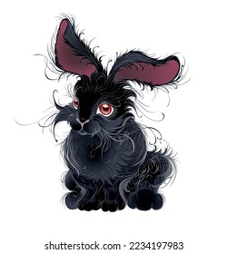 Artistically drawn, black, cute, fluffy rabbit with big ears on white background. Symbol of the year 2023. Year of rabbit. Lunar New Year