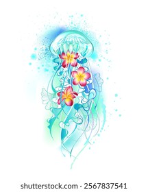 Artistically drawn blue jellyfish with long tentacles, decorated with pink tropical plumeria, on white background painted with blue paint. Tattoo style.
