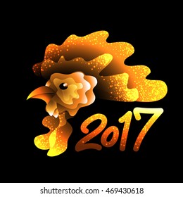 Artistically drawn bright fire rooster on dark background. Symbol 2017 New year. Vector illustration