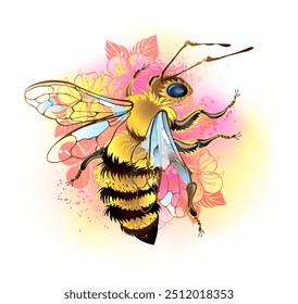 Artistically drawn, bright, fluffy, striped, honey bee on summer, white background with pink flowers and yellow pollen.