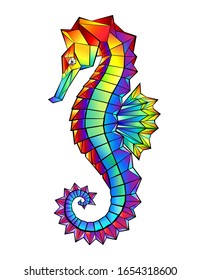 Artistically drawn, bright, rainbow, polygonal seahorse on white background. 
