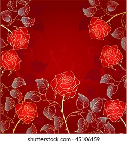 artistically drawn, contour, golden red roses on a bright red background.