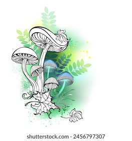 Artistically drawn contour mushrooms on green, forest background with green twigs, green toadstools and moss. Natural design.