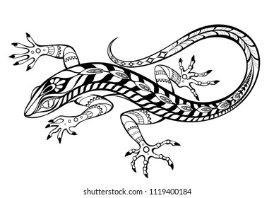 An artistically drawn, contour, patterned lizard on  white background. Tattoos style.
