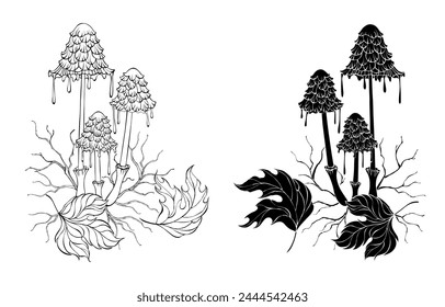 Künstlerisch gezeichnete, Kontur- und Silhouettenfarbenpilze mit Ästen und herabgefallenen Herbstblättern auf weißem Hintergrund.