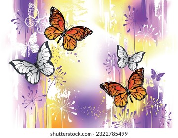 Mariposas monarcas y mariposas blancas dibujadas de forma artística sobre grandes pinceladas de pincel, fondo morado y amarillo. Mariposa monarca.