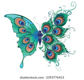 Mariposa pintada de forma artística, ficticia, verde, detallada, con plumas verdes, hermosas, de pavo real sobre fondo blanco.