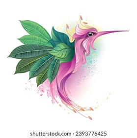 Artistically drawn, fictional hummingbird made from pink flower and with wings made from green, detailed plumeria leaves.