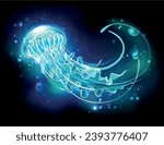 Artistically drawn, glowing jellyfish with long blue tentacles on black background. large jellyfish.