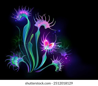 Flytrap carnívoro da planta vênus desenhado artisticamente, brilhante e luminescente sobre fundo preto. Ilustração botânica.