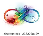 Artistically drawn infinity symbol with beautiful rainbow feather on white background. Tattoo style. Hand drawn vector art