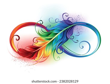 Artistically drawn infinity symbol with beautiful rainbow feather on white background. Tattoo style. Hand drawn vector art