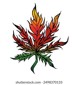 Artistically drawn, leaf of hemp from bright red flame.
