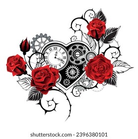 Corazón mecánico de dibujo artístico con un reloj antiguo, decorado con rosas rojas con tallos negros y puntiagudos sobre fondo blanco. Estilo Steampunk. Arte vector dibujado a mano.