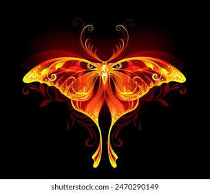 Artistically drawn, moon butterfly with orange, bright, fiery, textured, patterned wings on black background. Fiery moon butterfly.