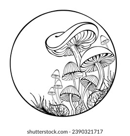 Artistically drawn, outline, silhouette, stylized mushrooms and moss in  frame on white background hand drawn vector art