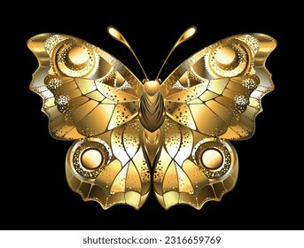 Artistically drawn, peacock butterfly, with textured wings of shiny gold on black background.