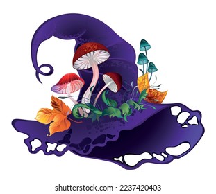 Artistically drawn, purple, velvet witch hat decorated with red mushrooms and yellow autumn leaves on white background.