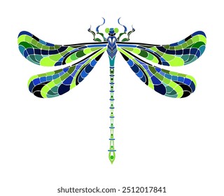 Artistically drawn, silhouette dragonfly decorated with green and blue mosaic wings on white background. Original drawing of a dragonfly.