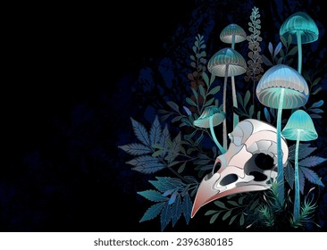 Artistically drawn skull of bird lies among hallucinogenic, luminous mushrooms and bushes of poisonous, marsh plants on black textured background. Bird skull. Hand drawn vector art.