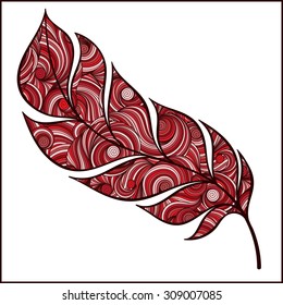 Artistically drawn, stylized, red vector feather on a white background. Vintage tribal feather. Series of doodle feather.
