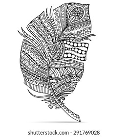 Artistically drawn, stylized, vector feather on a white background. Vintage tribal feather. Series of doodle feather.