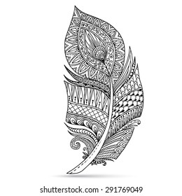 Artistically drawn, stylized, vector feather on a white background. Vintage tribal feather. Series of doodle feather.