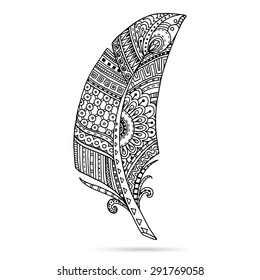 Artistically drawn, stylized, vector feather on a white background. Vintage tribal feather. Series of doodle feather.