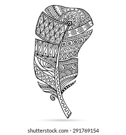 Artistically drawn, stylized, vector feather on a white background. Vintage tribal feather. Series of doodle feather.