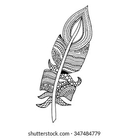Artistically drawn, stylized, vector feather on a white background. Vintage tribal feather - doodle feather.
