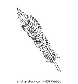 Artistically drawn, stylized, vector feather on a white background. Vintage tribal feather - doodle feather