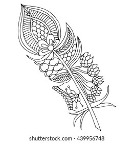 Artistically drawn, stylized, vector feather on a white background. Vintage tribal feather - doodle feather