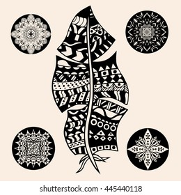 Artistically drawn, stylized, vector feather on a white background. Vintage tribal feather. Series of doodle feather. Hand drawn Doodle artwork. Black, beige color