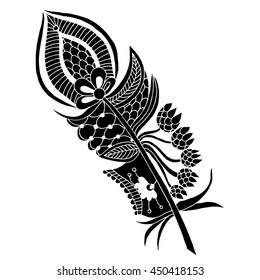 Artistically drawn, stylized, vector feather on a white background. Vintage tribal feather - doodle feather