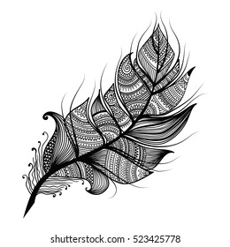 Artistically drawn, stylized, vector feather in zentangle style, illustration for relax antistress coloring page for adult. Vintage tribal feather.isolated on white background