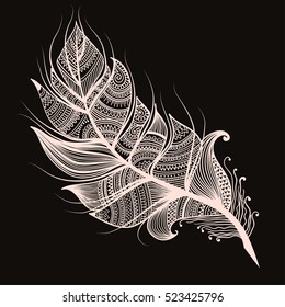 Artistically drawn, stylized, vector feather in zentangle style, hand drawn doodles. sketch style. Vintage tribal feather whie on dark background