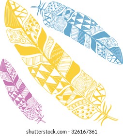 Artistically drawn, stylized, vector feathers Â on a white background. Can be used for t-shirt, textile, greeting card, notebook,sketchbook, souvenirs.