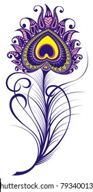 Artistically drawn, stylized, vector peacock feather 