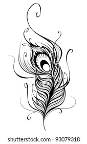 artistically drawn, stylized, vector peacock feather on a white background