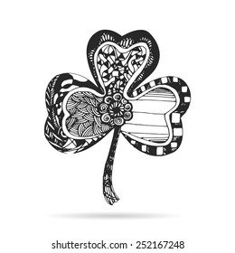 Artistically drawn, stylized, vector of shamrock on a white background. Vintage Zentangle shamrock. Illustration is created from a personal sketch by trace. 