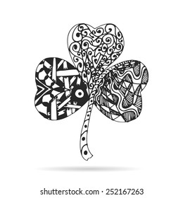 Artistically drawn, stylized, vector of shamrock on a white background. Vintage Zentangle shamrock. Illustration is created from a personal sketch by trace. 