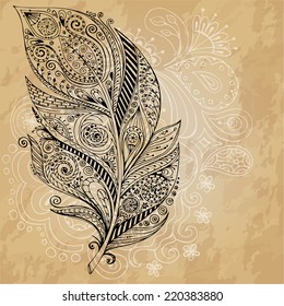 Artistically drawn, stylized, vector tribal graphic feathers with hand drawn swirl doodle pattern. Grunge background. Illustration is created from a personal sketch by trace. Series of doodle feather.